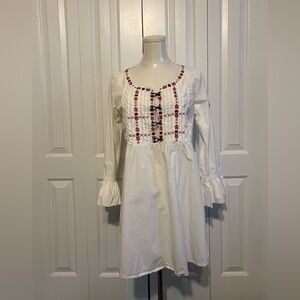 ODD MOLLY UNCORPORATED, White Cotton Long Sleeve Blouse/Dress w/Red Embroidery